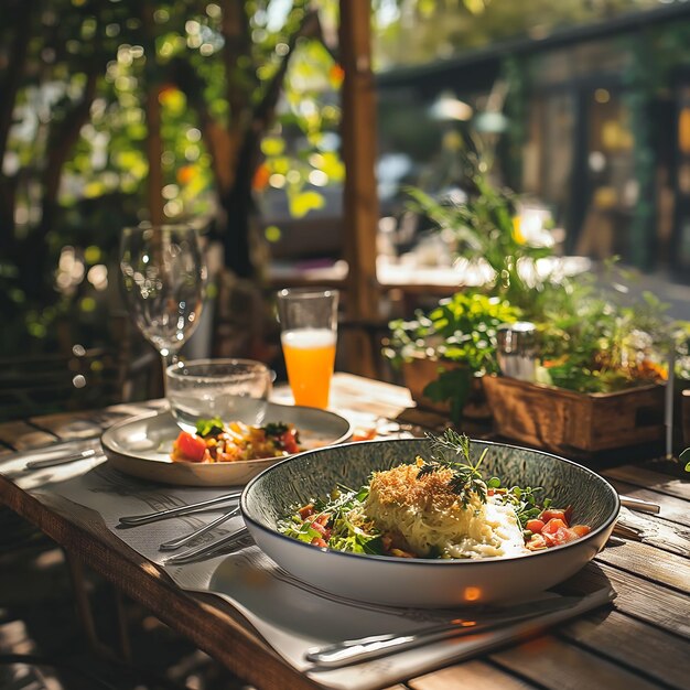 Photo a relaxing lunchtime escape with a healthy and appetizing meal