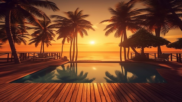 Relaxing at luxury beach hotel resort at sunset in swimming pool Generative ai