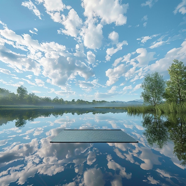 Photo relaxing meditation on a lakeside yoga mat