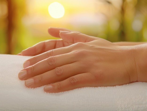 Photo relaxing moment of a gentle touch with soft sunlight in a serene outdoor setting