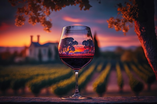 Relaxing moment with a glass of rose wine at sunset in a European vineyard Ai generated