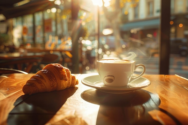 Relaxing Morning Cafe Delightful Setting with Cappuccino and Croissant