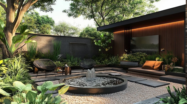 Relaxing Oasis Modern Outdoor Seating with Comfortable Chairs Plants and Water Fountain