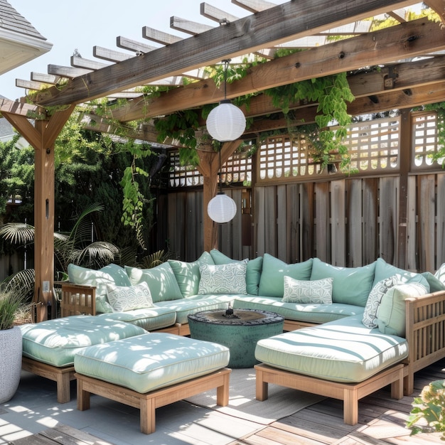 Photo relaxing outdoor seating area with a wooden pergola and green cushions