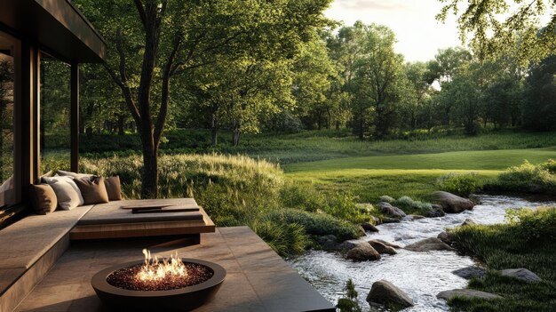 Relaxing outdoor space at a countryside cabin with a cozy fire pit stylish seating