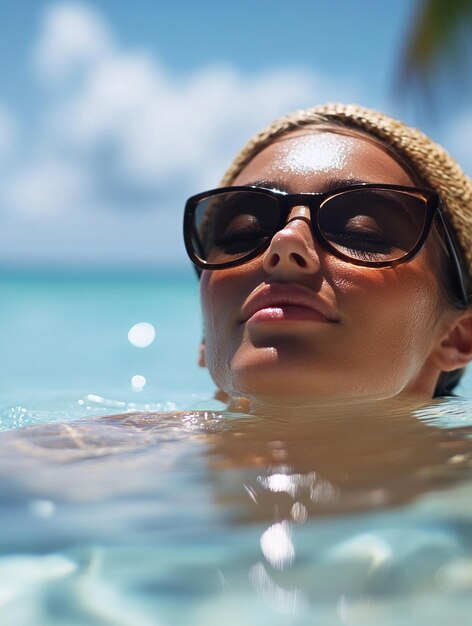 Photo relaxing in paradise woman enjoying a tropical pool with sunglasses