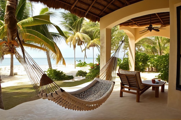 Relaxing patio with hammock and view of the garden pool or beach created with generative ai