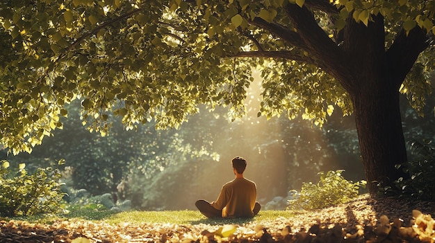 Relaxing Photo of Person Resting Under Tree in Serene Garden