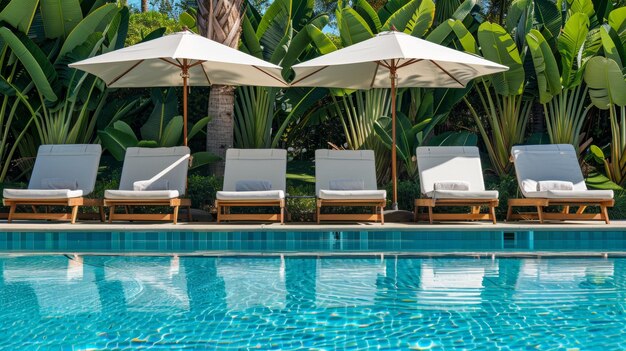 Relaxing poolside scene with empty lounge chairs and umbrellas at a tropical resort Concept of vacation leisure and luxury