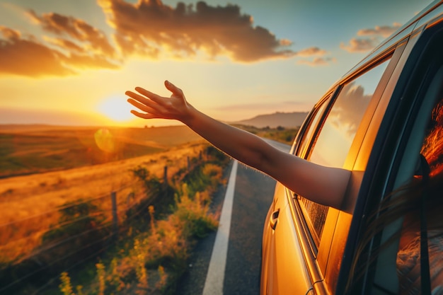 Photo relaxing road trip woman39s hand reaches out of car window on sunset road travel and vacation concep