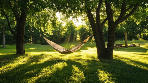 A relaxing scene of a hammock strung between two trees in a green meadow