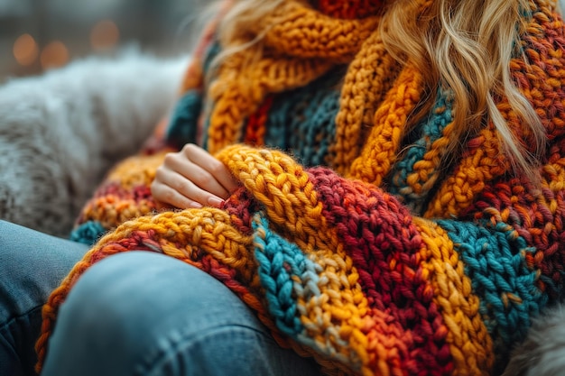 A relaxing scene of a person crocheting in a comfortable chair with a colorful project in progress