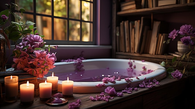 Relaxing Soak Bathtub with Candle and Books