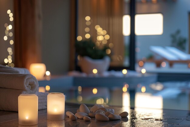 Photo relaxing spa atmosphere with candles and stones