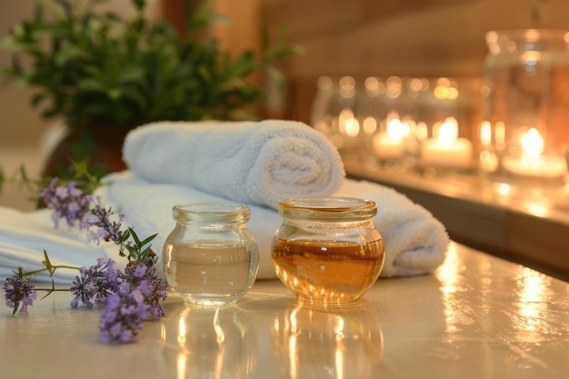 Relaxing Spa Day Ambience with Towels Candles and Essential Oils