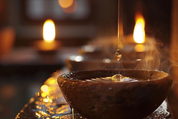 Relaxing Spa Ritual with Steaming Hot Stone Bowl and Essential Oils Dripping Ideal for Wellness and Aromatherapy Imagery