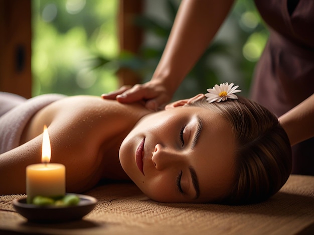 Photo relaxing spa scene woman receiving back massage soft lighting flower in hair peaceful atmosphere