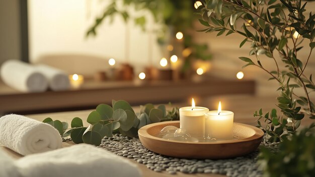 Relaxing spa setting with candles fresh greenery and soft lighting in a tranquil wellness center