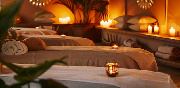 Photo relaxing spa setting with dim lights candles and soothing decor in a tranquil retreat area