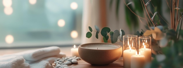 Relaxing spa setup featuring candles stones and a bowl at a serene location with warm lighting in the evening