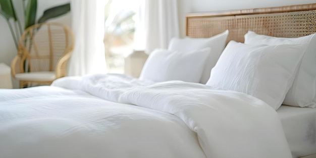 Relaxing staycation in a serene comfy retreat with white linen sheets Concept Staycation Serene Retreat Comfortable Stay White Linen Sheets Relaxation