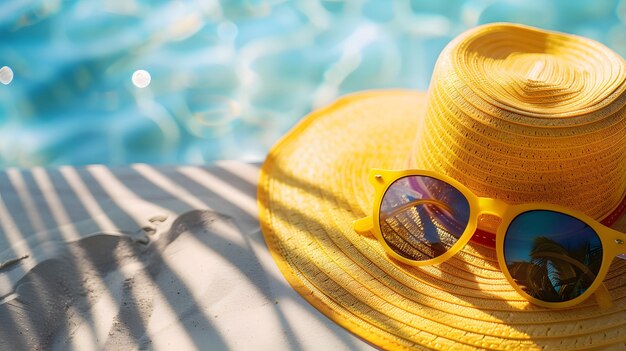 Relaxing summer vibes with a straw hat and sunglasses by the pool