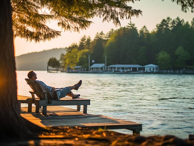 Relaxing on a sun lounger on the shore of a pond Ai Generative