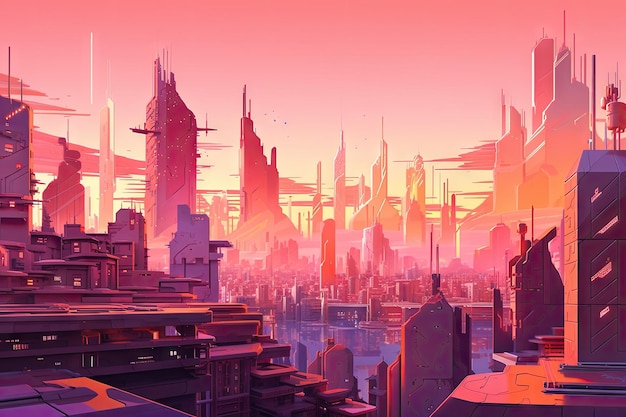 Relaxing sunset view of futuristic pink city with towering buildings and flying cars visible created with generative ai