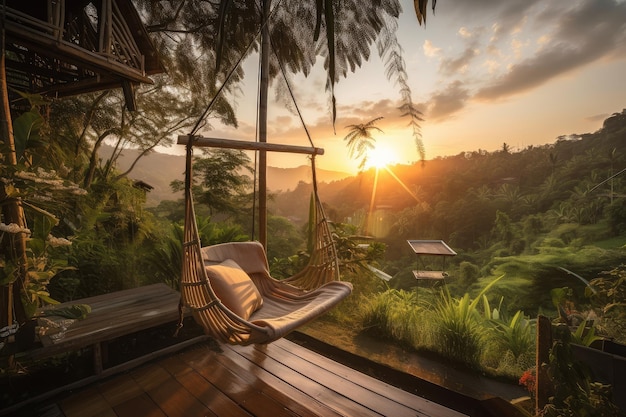 Relaxing swing with view of the sunset surrounded by lush greenery