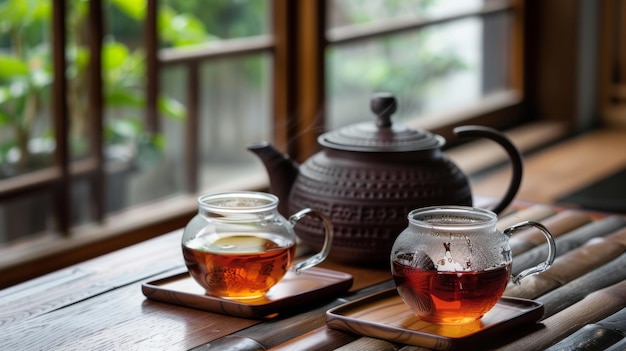 Relaxing tea ceremony with two glass cups and a traditional kettle on a wooden table surrounded by g