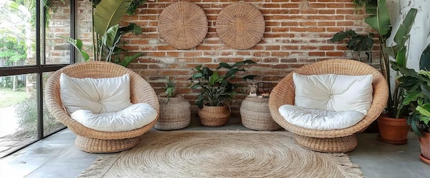 Photo relaxing wicker chairs in a cozy living room with a brick wall greenery and natural light