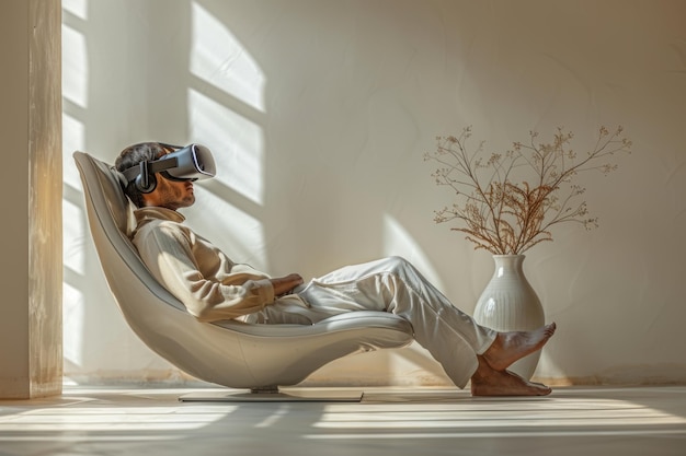 Photo relaxing with vr technology in a minimalist setting