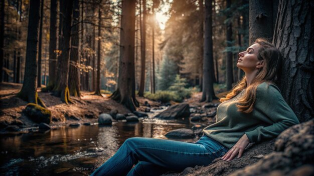 Photo relaxing woman enjoying serenity by a tranquil stream in a forest during golden hour generative ai