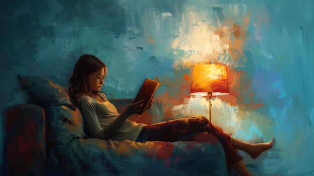 Relaxing woman sitting on sofa reading book under soft light of lamp in cozy room