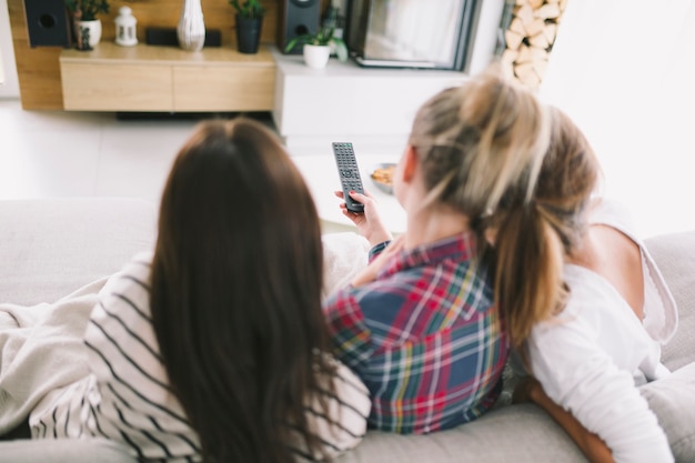 Relaxing women enjoying TV together