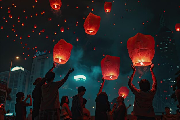 Photo releasing glowing chinese lanterns at night