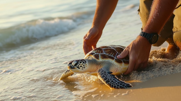 Photo releasing a sea turtle back into the ocean