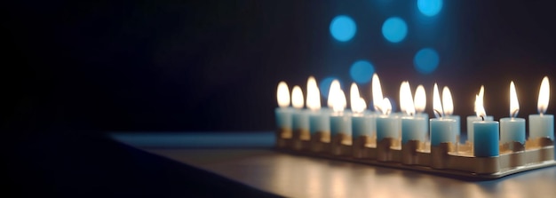 Religion image of jewish holiday of light Hanukkah on black background with burning candles Banner header with copy space for text AI generated