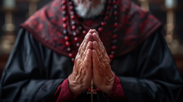 Religious catholic priest praying close up hands Religion concept festive background