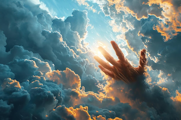 Photo religious concept of hope praying to god hands raised to the cloudy sky ai generated