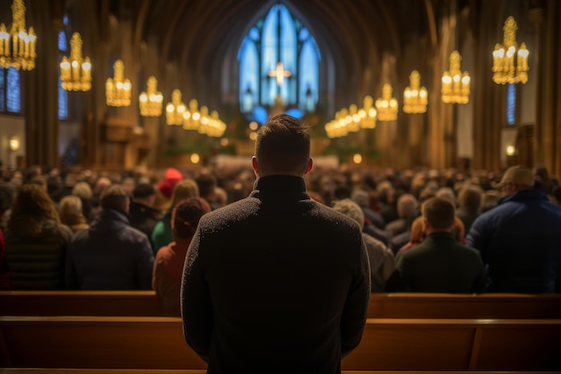 Religious congregation in a serene church environment gathered for spiritual worship