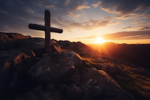 Religious cross on mountain peak at sunset