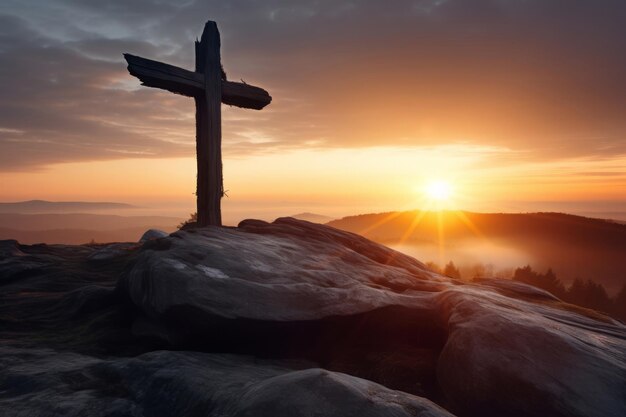 Religious cross on mountain peak at sunset