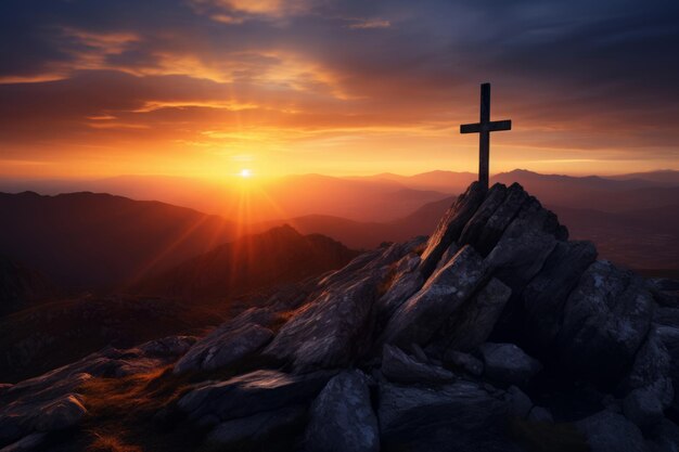 Religious cross on mountain peak at sunset