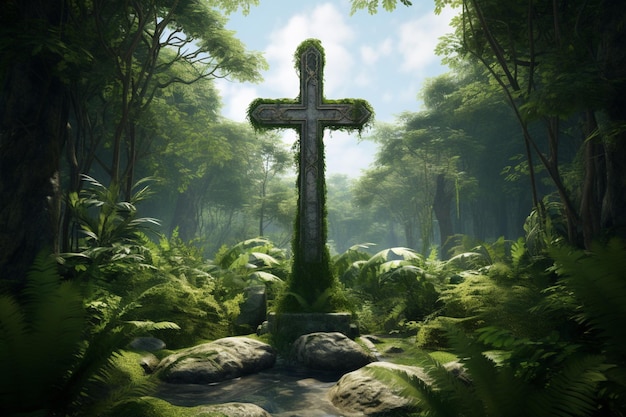 religious cross surrounded by lush vegetation