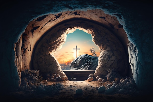 Religious Easter background Exit from the cave in the form of a cross