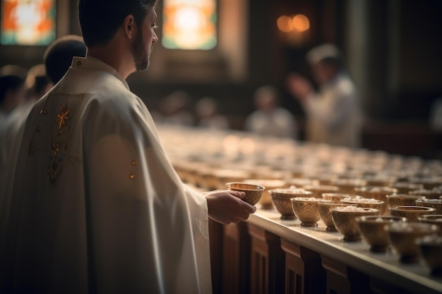 Religious Feast of Corpus Christi Holy communion in church Taking holy Priest celebrate mass at the church Cup with red wine bread Eucharist Christian Catholic prays holy grail