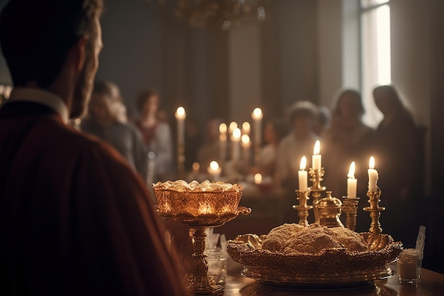 Religious Feast of Corpus Christi Holy communion in church Taking holy Priest celebrate mass at the church Cup with red wine bread Eucharist Christian Catholic prays holy grail