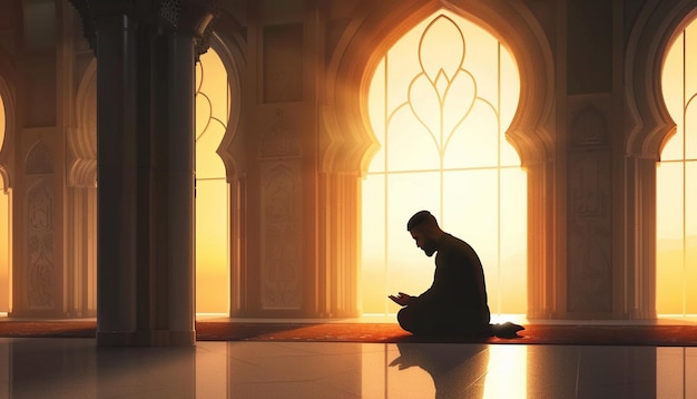 Religious muslim man praying inside the mosque