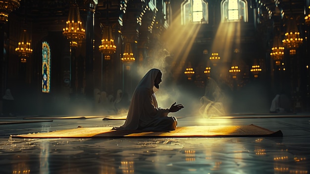 Religious muslim man praying inside the mosque